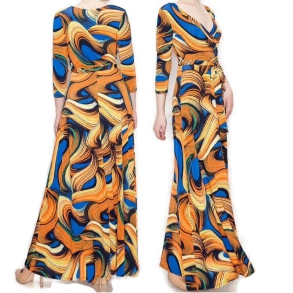 Janette Fashion Sunsets and Waves Faux Wrap 3/4 Sleeve Long Maxi Dress